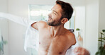 Smile, clothes and ready with man in bathroom for dressing, morning routine and grooming. Cleaning, corporate fashion and style with person and shirt at home for start, professional and confidence