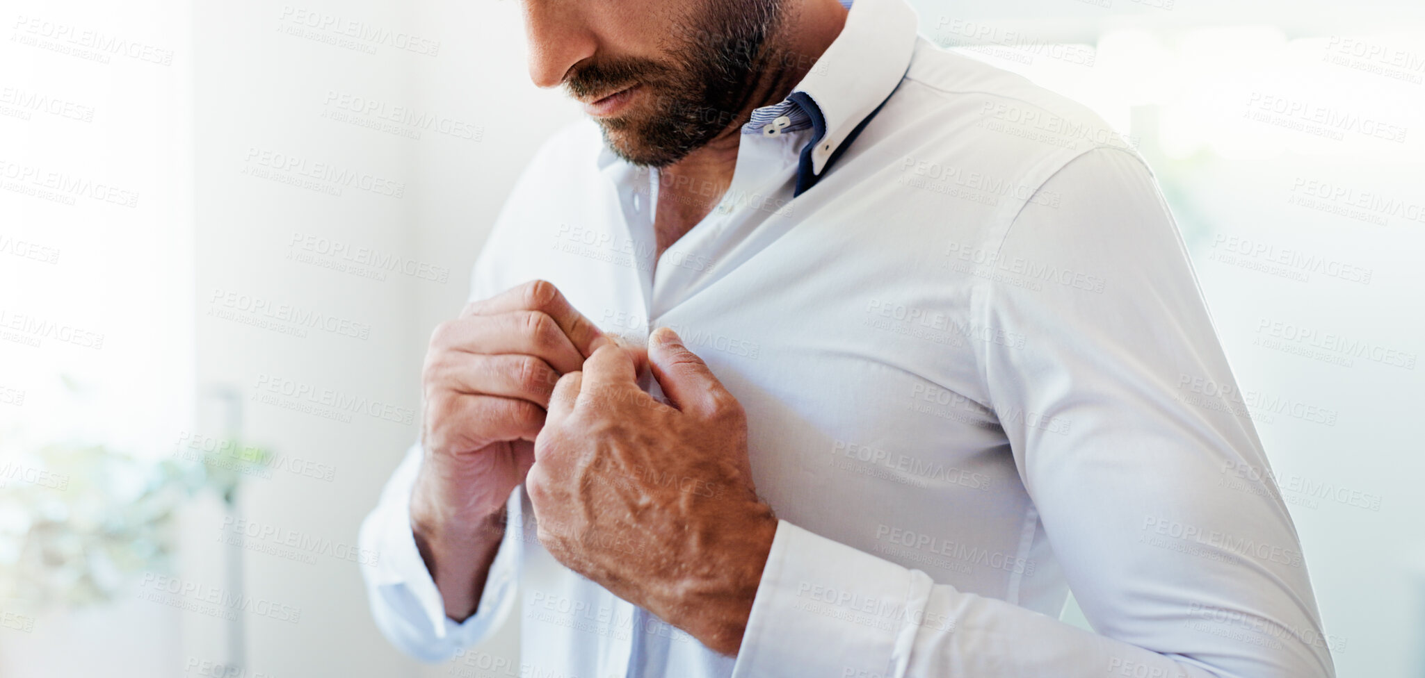 Buy stock photo Shirt, hands and man getting ready in home in morning for dressing with fashion for wardrobe. Style, preparing and male person with button for business clothes for work with formal closet in house.