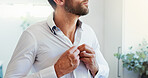 Shirt, hands and man dressing in home in morning for getting ready with fashion for wardrobe. Style, preparing and male person with button for business clothes for work with formal closet in house.