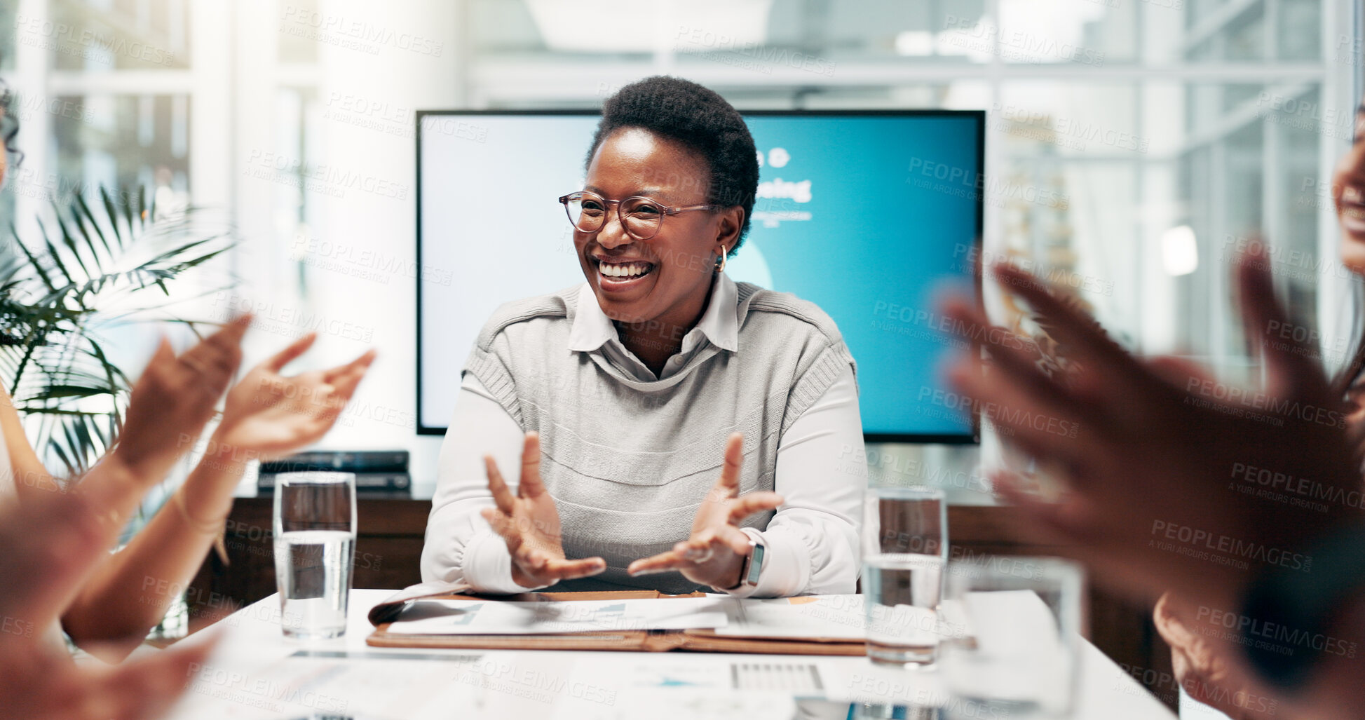 Buy stock photo Business woman, winner and applause in promotion, announcement or negotiation success at office. Excited group of employees, clapping and celebration for partnership, prize or workplace contract goal