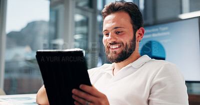 Buy stock photo Smile, business man and tablet in office with data, campaign performance or stats. Technology, research and worker in creative startup with charts, information and brand specialist with analytics