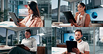 Tablet, research and business people in office with collage for online communication with email. Digital technology, contact and finance advisors with report for company investment and profit growth.