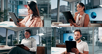 Buy stock photo Tablet, research and business people in office with collage for online communication with email. Digital technology, contact and finance advisors with report for company investment and profit growth.