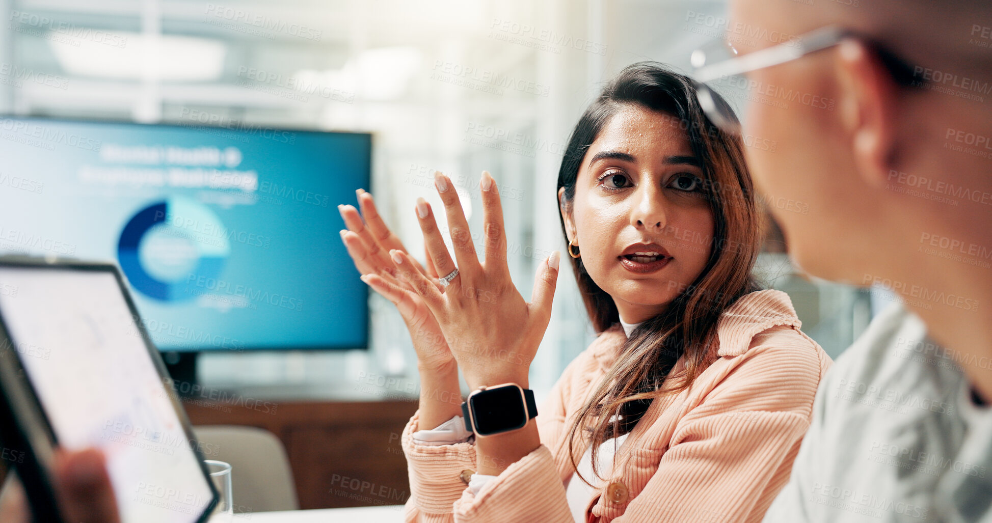 Buy stock photo Business, people and talking in office for meeting discussion, team planning and ideas for finance growth. Staff, explain and tablet with marketing research, financial report and investment proposal