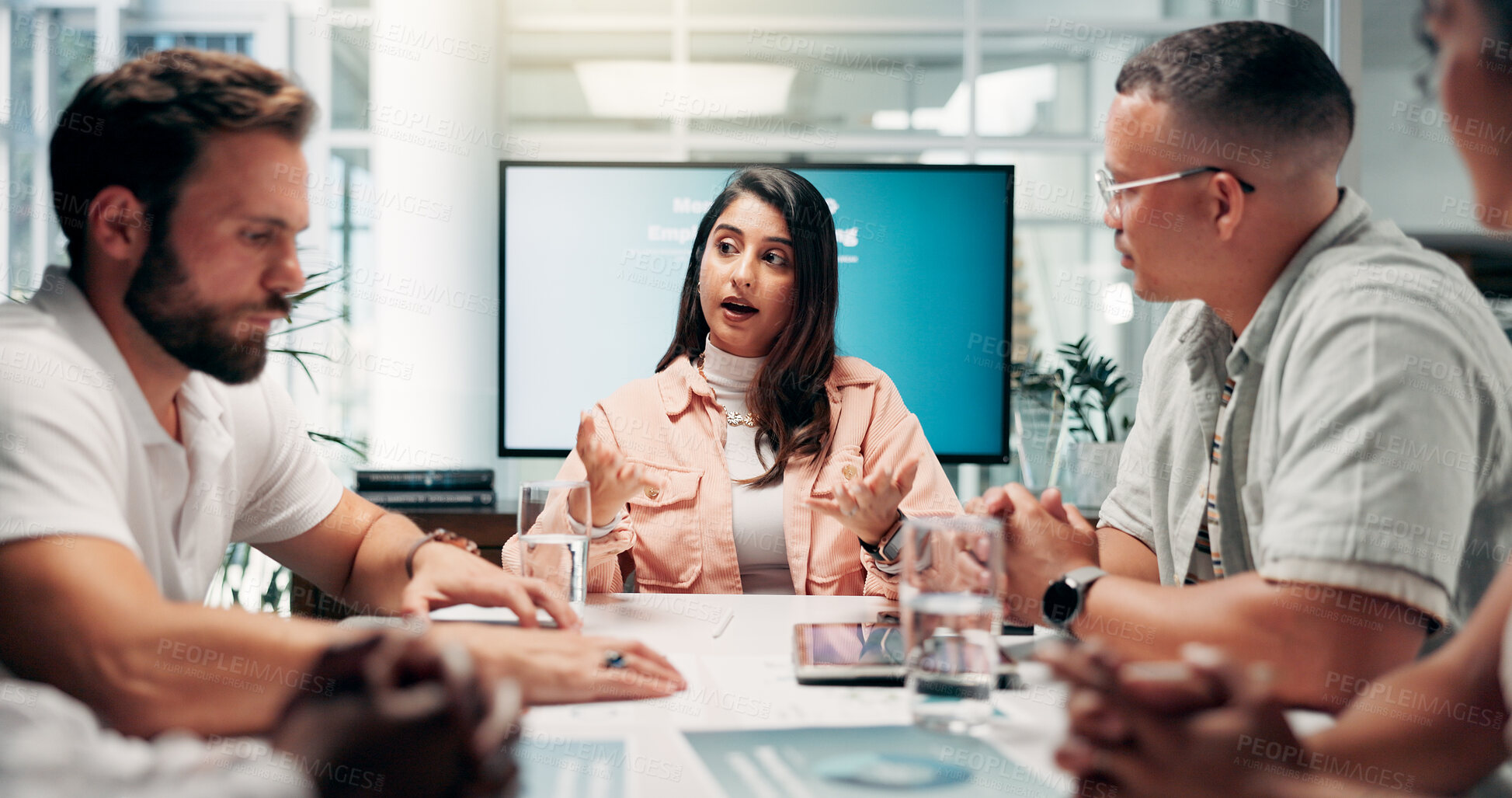 Buy stock photo Business, people and explain in office of meeting discussion, planning and ideas for finance growth. Staff, talk or feedback of financial report, funding proposal and advice of investment opportunity