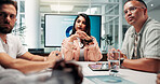 Business, people and thinking in office for meeting, planning and funding ideas for finance growth. Staff, team and listen to advice of proposal feedback, financial report and investment opportunity