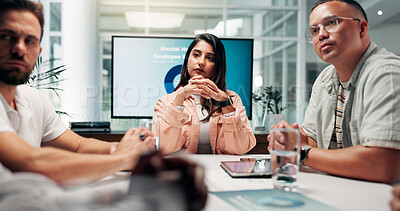 Buy stock photo Business, people and thinking in office for meeting, planning and funding ideas for finance growth. Staff, team and listen to advice of proposal feedback, financial report and investment opportunity