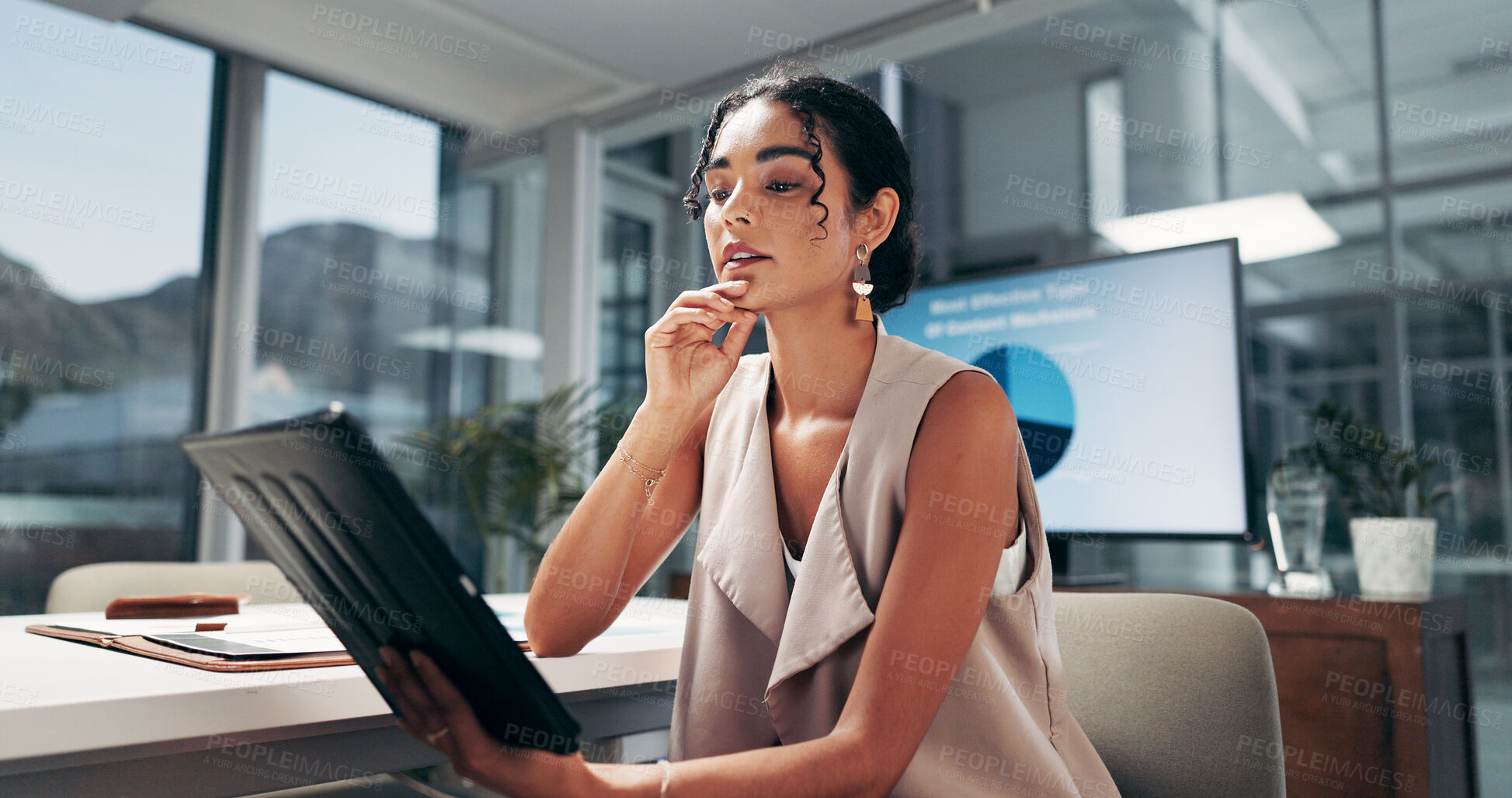 Buy stock photo Thinking, reading and business woman on tablet in office for problem solving and stats in startup. Technology, serious or worker with creative ideas, insight and advertising consultant with analytics
