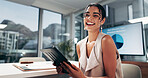 Portrait, laugh and business woman with tablet in office as campaign designer. Technology, smile and excited worker in creative startup as brand specialist with good metrics, results and success