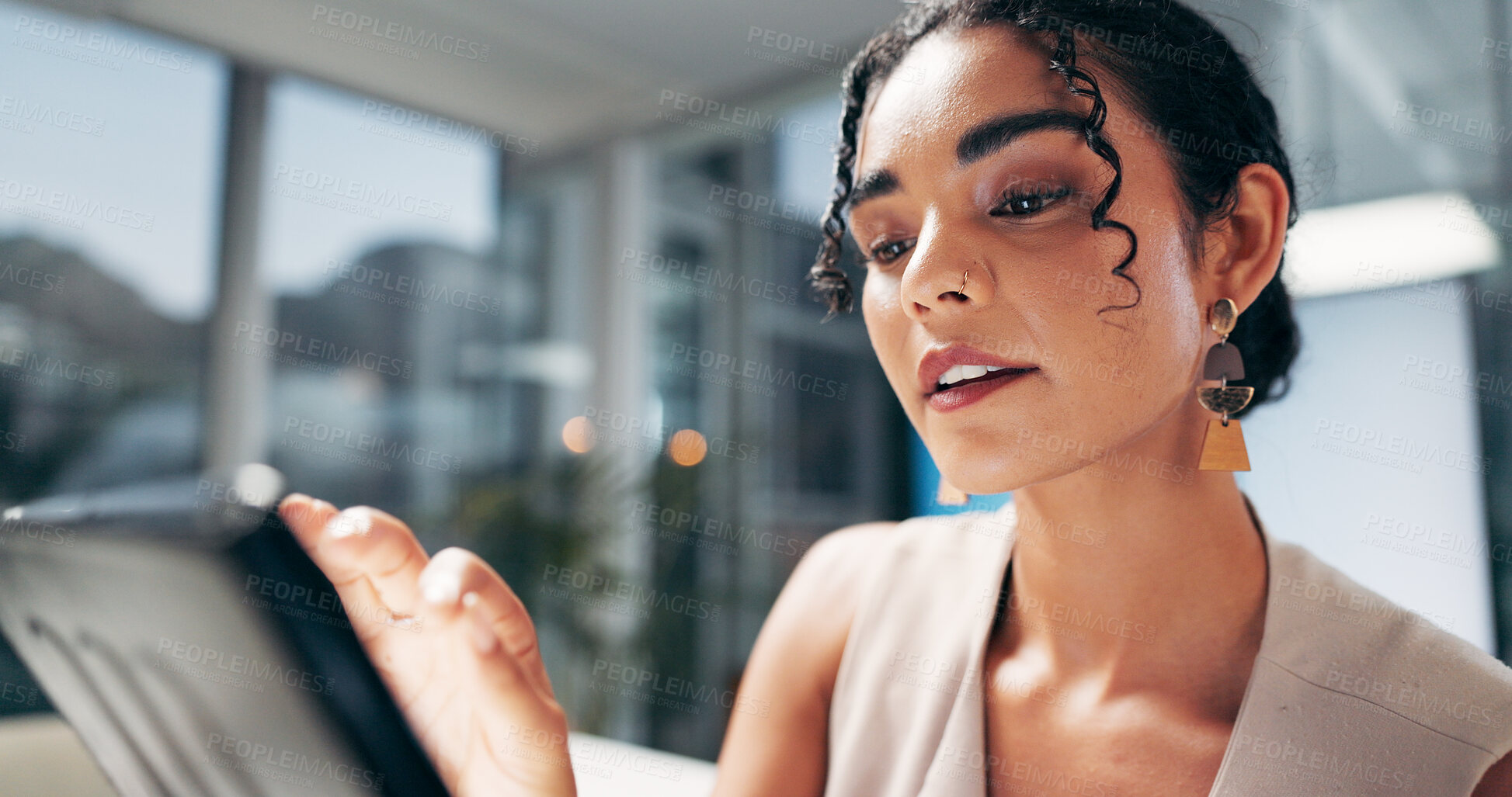 Buy stock photo Reading, business woman and tablet in office for communication, social media or content writing. Technology, research and employee in creative startup for online review, article or working on project