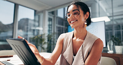 Buy stock photo Scroll, business woman and tablet in office for communication, social media and content writing. Technology, smile and employee in creative startup for online review, article and working on project
