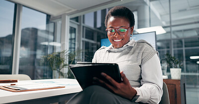 Buy stock photo Smile, business and black woman on tablet to research for campaign, ads and promotion design. Technology, reading and creative worker in startup on overtime as brand specialist at night in office