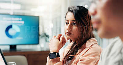 Buy stock photo Thinking, meeting and businesswoman in office for profit, revenue or dividend growth with company statistics. Discussion, ideas and female financial manager with team for investment planning.