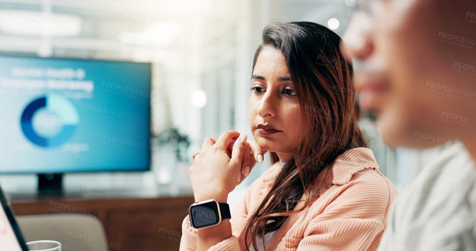 Buy stock photo Thinking, meeting and businesswoman in office for profit, revenue or dividend growth with company statistics. Discussion, ideas and female financial manager with team for investment planning.