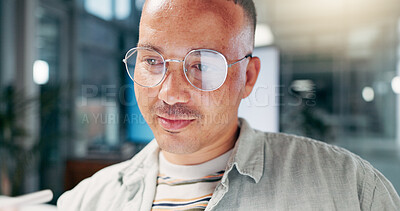 Buy stock photo Creative, glasses or man with tablet for social media campaign, trends or ads design. Technology, night or content strategist in startup for online review or research on overtime as brand specialist