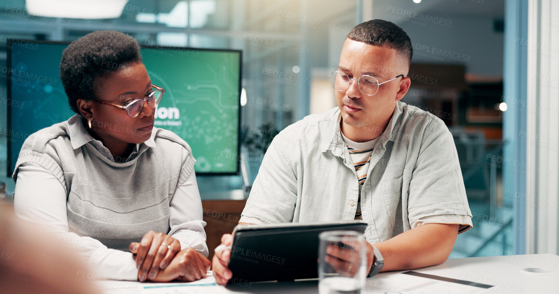 Buy stock photo Discussion, serious and people with tablet, business and review of ad campaign performance and media manager. Collaboration, tech and digital marketing in office, meeting and online for website