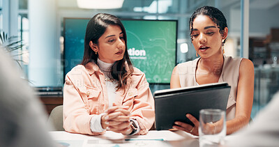 Buy stock photo Discussion, teamwork and people with tablet, business and review of ad campaign performance and media manager. Serious, tech and digital marketing in office, website and collaboration in meeting