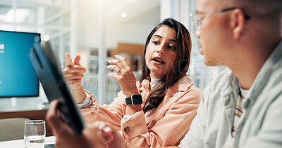 Buy stock photo Meeting, teamwork and people with tablet, business and review of ad campaign performance and media manager. Serious, tech and digital marketing in office, website and collaboration for discussion