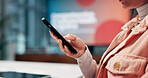 Business, hands and woman in office, smartphone and communication with social media manager. Closeup, person and employee with cellphone, company website and digital app for message, faq and about us