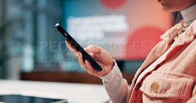 Buy stock photo Business, hands and woman in office, smartphone and communication with social media manager. Closeup, person and employee with cellphone, company website and digital app for message, faq and about us
