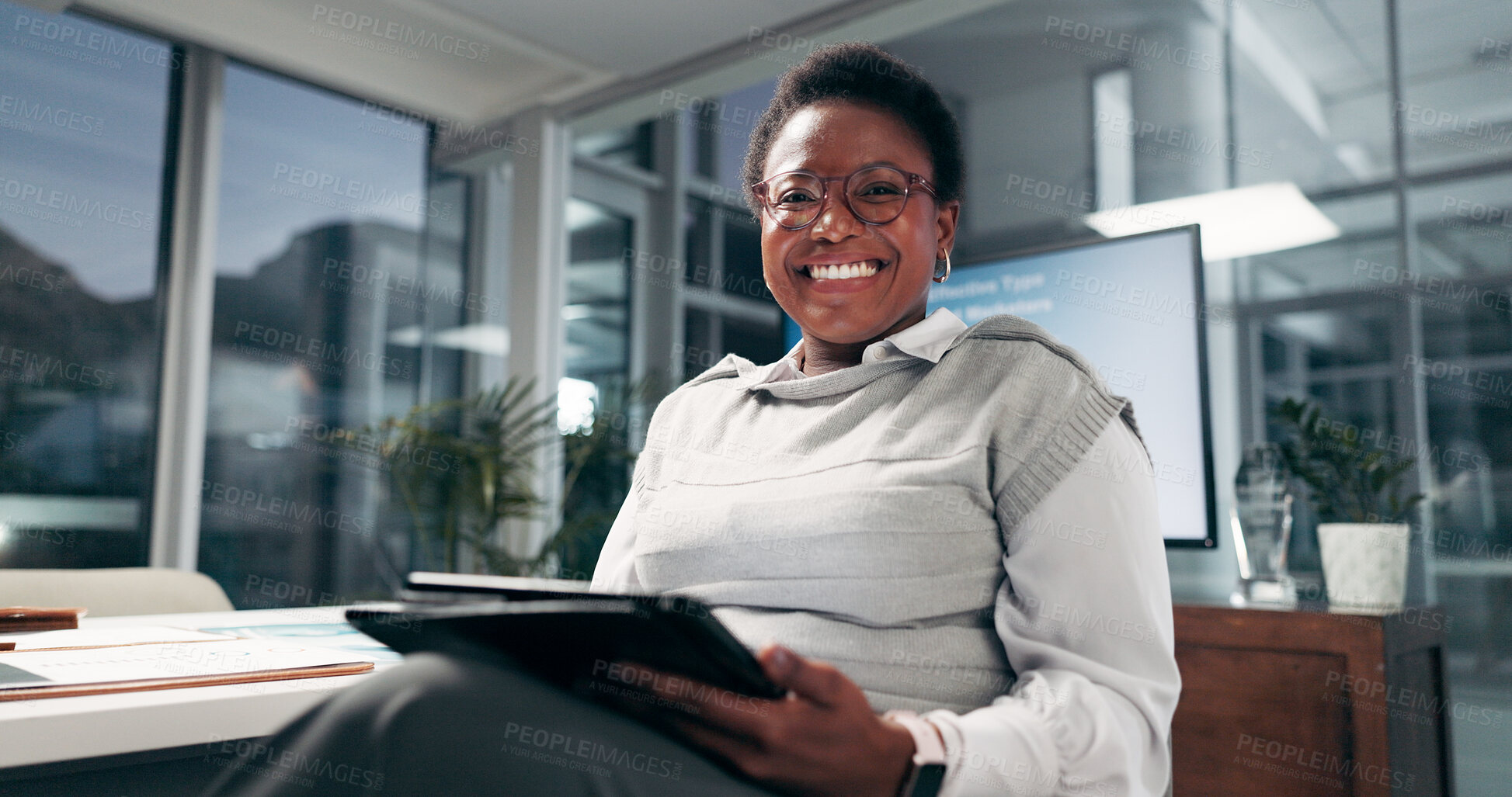 Buy stock photo Business, portrait or black woman with tablet in office as campaign deadline or employee. Technology, smile and African designer in creative startup as brand specialist with glasses at night in Kenya
