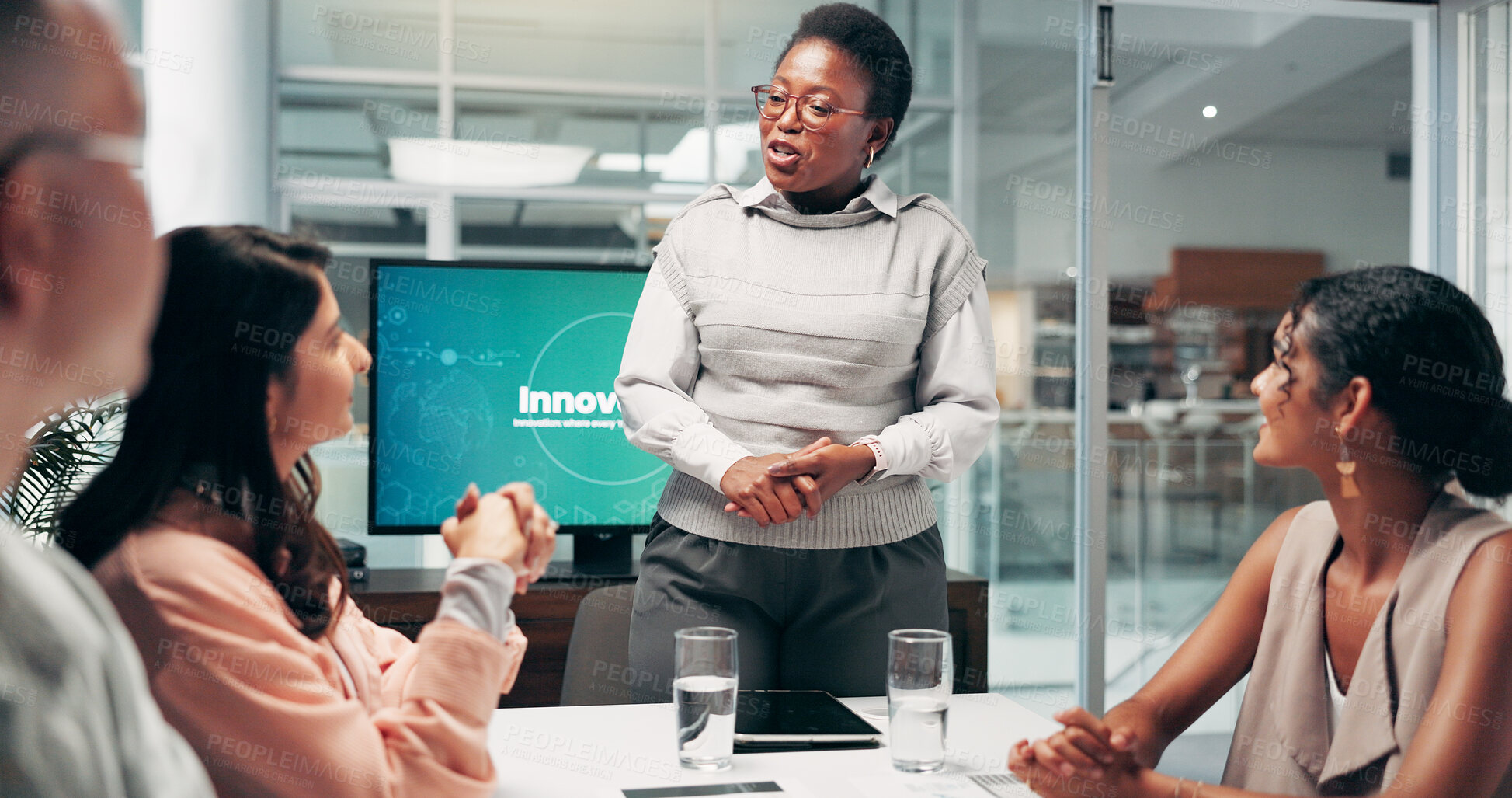 Buy stock photo Business, people and meeting with speaker talking for planning, ideas and innovation program. Staff, discussion and teamwork of finance solution, up skill training and feedback of investment proposal