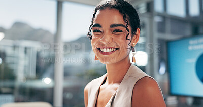 Buy stock photo Portrait, confident and woman with smile, business and career growth in marketing agency or publicist. Happy, employee and person with positive mindset in office, intern or opportunity for job in USA