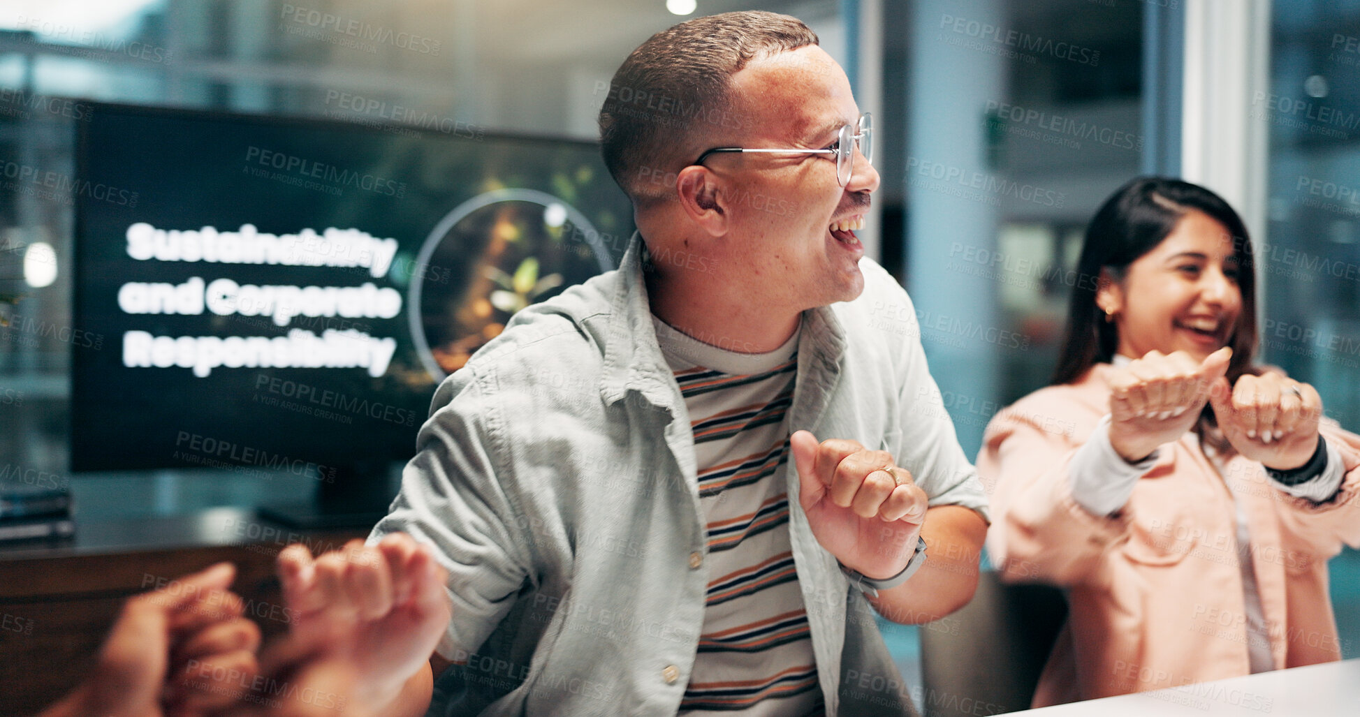 Buy stock photo Business people, dance and celebration in promotion, announcement or negotiation success at office. Excited group of employees, smile and movement for sustainability, prize or responsibility contract
