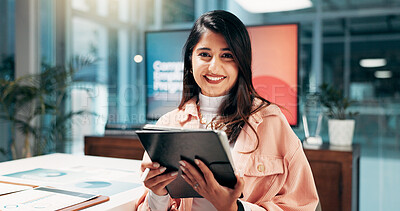 Buy stock photo Portrait, tablet and creative business woman in office as campaign designer and ads consultant. Technology, smile and confident worker in startup as brand specialist with graphs at night in Dubai