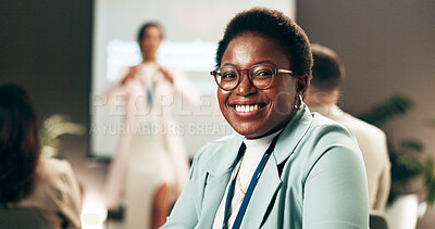 Buy stock photo Portrait, business people and woman with smile, seminar and confidence with workshop for networking. Face, group and employee with fashion design conference, feedback for pattern trends and pride