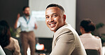 Man, happy and portrait in audience at presentation, hall and learning at corporate conference. Person, smile and excited in crowd at employee seminar, confident and career development at workshop