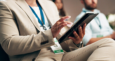 Buy stock photo Business, hands or tablet in conference audience for online notes, seminar information or meeting agenda. Global convention, person or scroll on digital app for training feedback or learning workshop