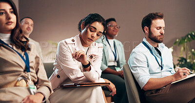 Buy stock photo Conference, bored and audience of business woman check time for presentation, seminar and convention. Professional, corporate and men and women with watch for meeting, training event and workshop