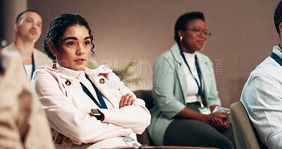 Buy stock photo Conference, office and business woman listening for presentation, seminar and convention. Professional, corporate event and people with crossed arms for meeting, company training and workshop