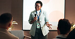 Business woman, education and training for speaker in seminar room for wellness presentation. Conference, forum speech and microphone with corporate coach on stage for public relations or development
