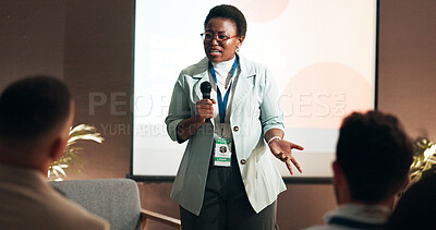 Buy stock photo Business woman, education and training for speaker in seminar room for wellness presentation. Conference, forum speech and microphone with corporate coach on stage for public relations or development