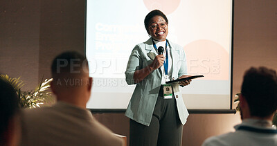 Buy stock photo Business woman, workshop and training for speaker in seminar room for wellness presentation. Conference, forum speech and microphone with corporate coach on stage for public relations or development