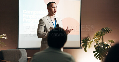 Buy stock photo Businessman, conference and presentation for speaker in seminar room for wellness training. Education, forum speech and microphone with corporate coach on stage for public relations or development