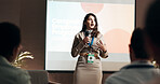 Business woman, conference and speech for speaker in seminar room for wellness training. Education, forum presentation and microphone with corporate coach on stage for public relations or development