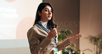 Buy stock photo Business woman, workshop or presentation for speaker in conference room for company training. Education, forum speech and microphone with corporate coach on stage for public relations or development