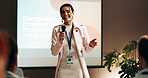 Business woman, seminar and training for speaker in conference room for wellness presentation. Education, forum speech and microphone with corporate coach on stage for public relations or development