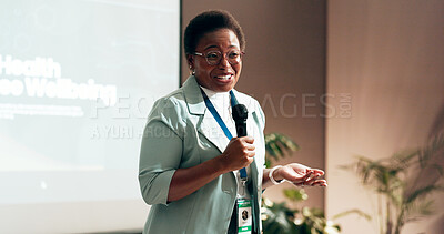 Buy stock photo Business woman, development and presentation for speaker in conference room for wellness training. Education, forum speech and microphone with corporate coach on stage for public relations or seminar