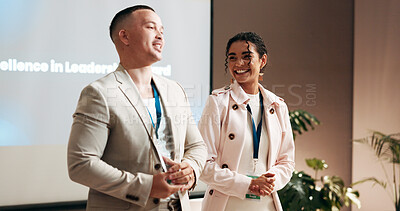 Buy stock photo Business, people and speaker with award at conference for corporate excellence, recognition and achievement. Global summit, employees and happy with trophy at event for sales performance and success