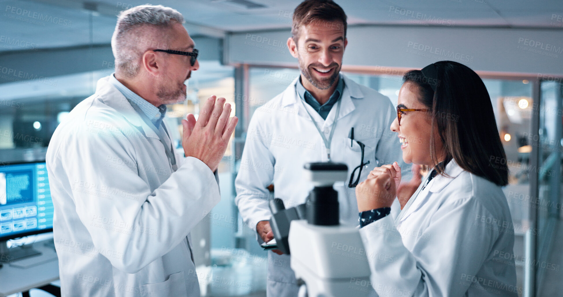 Buy stock photo Microscope, excited and success with people in laboratory for DNA discovery, healthcare or science. Gene study, medical and breakthrough with team in clinic for check, results and biotechnology