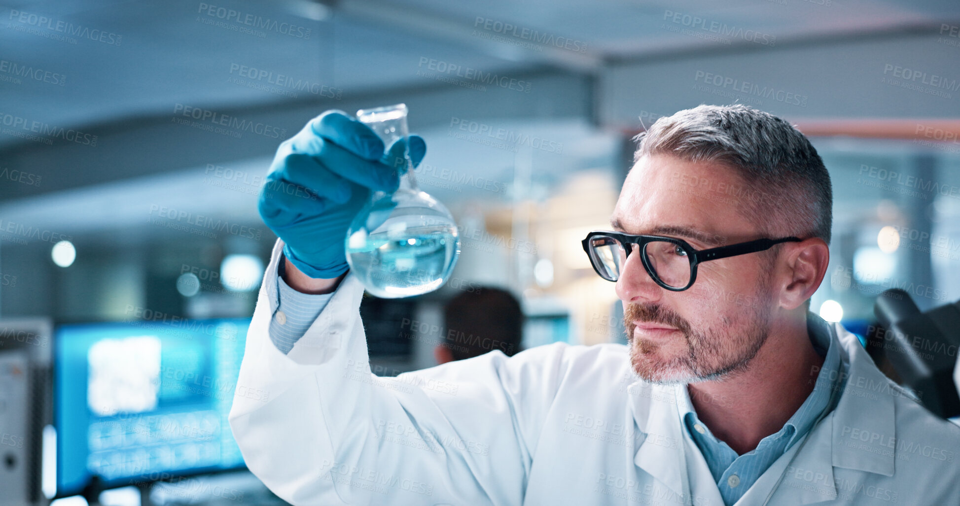Buy stock photo Chemical, observation and scientist with beaker in laboratory for pharmaceutical experiment, research or innovation. Liquid, mature man and medical chemist with formula, reaction analysis or cure.