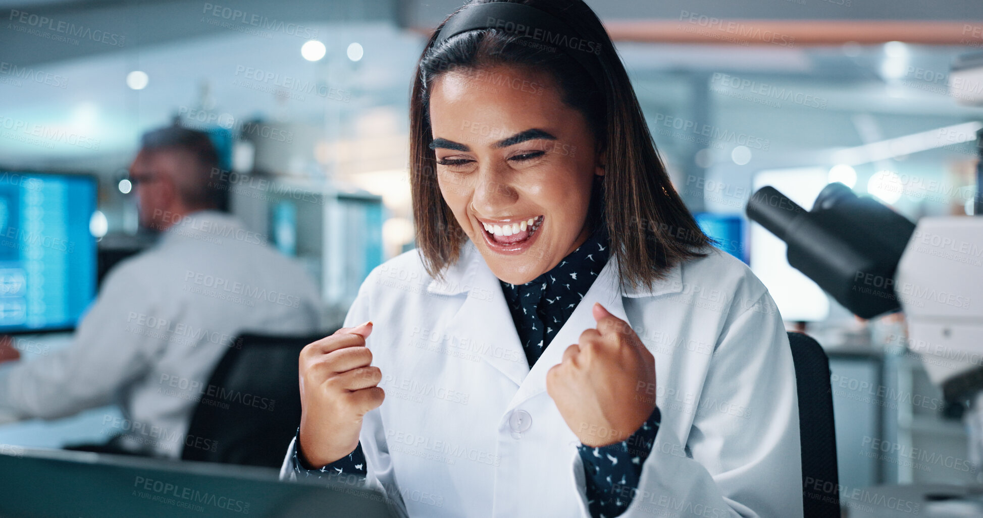 Buy stock photo Scientist, woman and celebration with laptop in lab or medical research with fist pump for innovation. Person, excited and cheers for goal, investigation and breakthrough with study for virus cure
