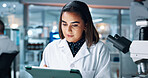 Science, reading and tablet with woman in laboratory for research results, healthcare and report on study. Medical development, innovation and microscope with person for pharmacy and experiment