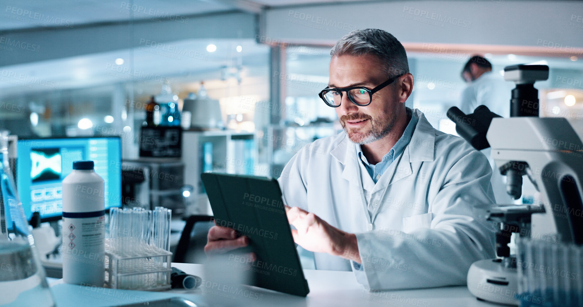 Buy stock photo Mature man, tablet and smile at lab for medical research with DNA for human genome sequence. Person, touchscreen and clinical trial with application, results and review notes for pharmaceutical job