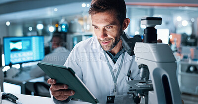 Buy stock photo Research, scientist and man with tablet, microscope and internet with cure, healthcare and test results. Person, vaccine manufacturing and researcher with tech, digital app and experiment in lab