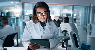 Buy stock photo Research, experiment and woman in lab, tablet and cure with medical analysis, healthcare and test results. Person, science or researcher with tech, studying and digital app with equipment or internet